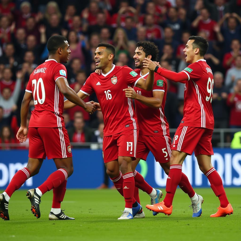 Lamine Yamal celebrates a spectacular goal with his teammates, the jubilant crowd roaring in the background of the packed soccer stadium