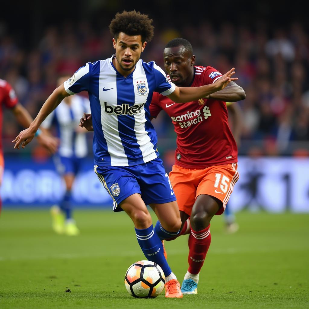 Lamine Yamal dribbling past a defender in a football match