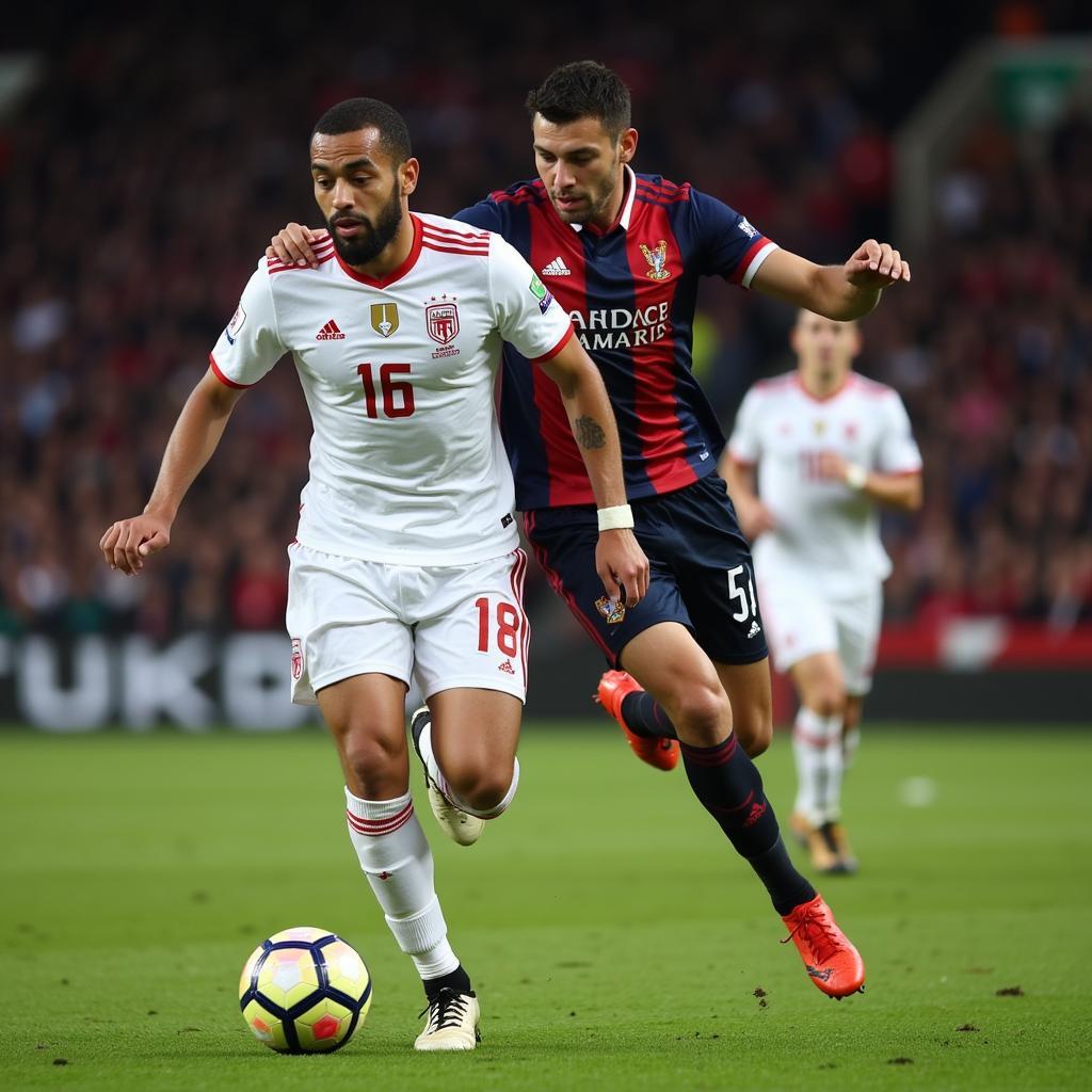 Lamine Yamal skillfully dribbles past a defender, showcasing his agility and ball control during a heated soccer match