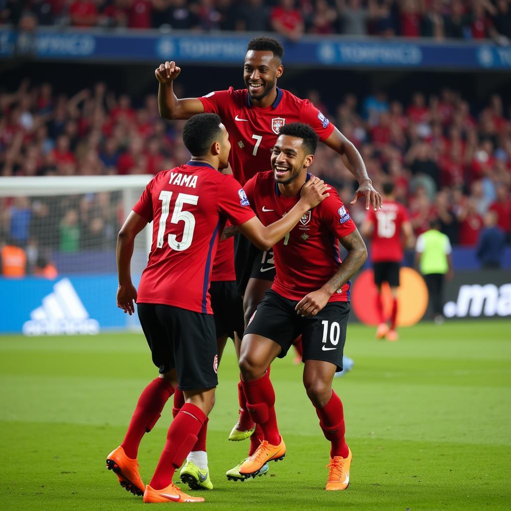 Lamine Yamal celebrating a goal with teammates, highlighting the 4600 5 community.