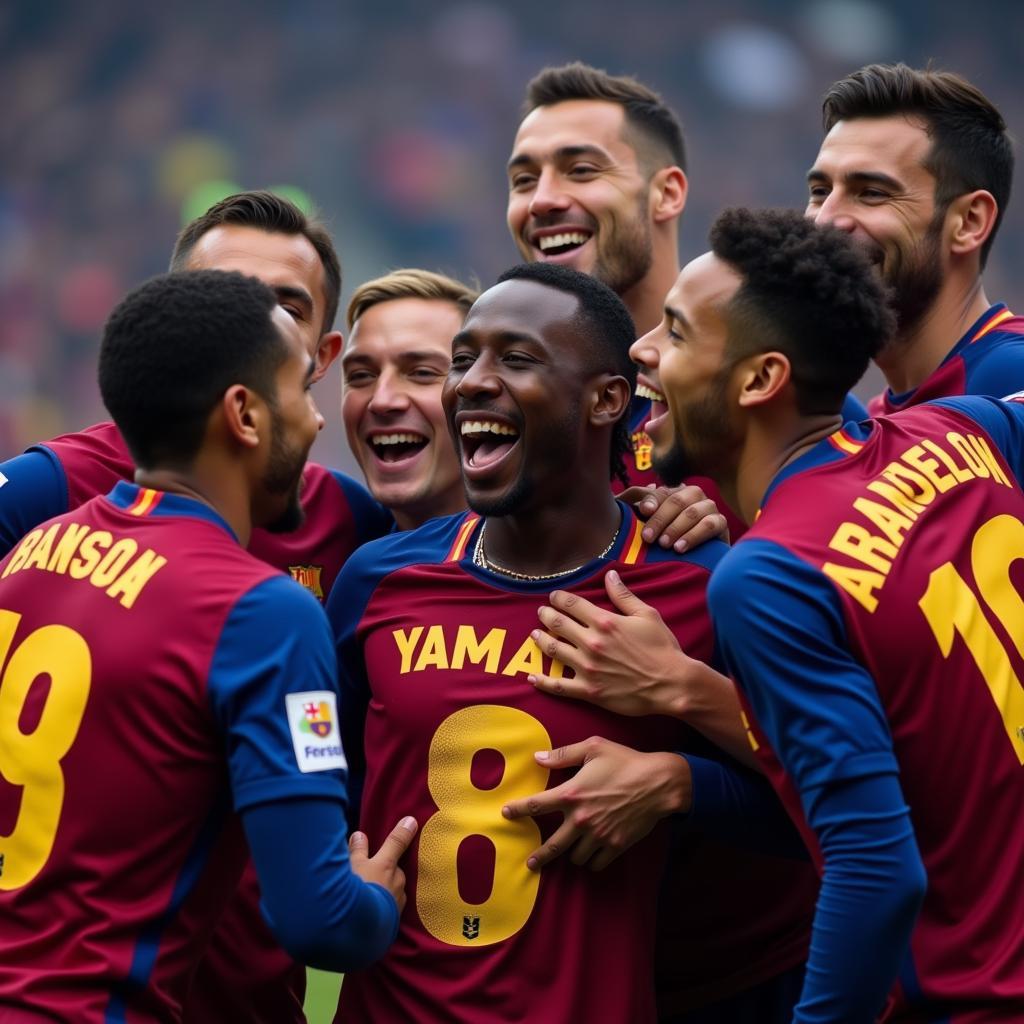 Lamine Yamal celebrates his debut for FC Barcelona with teammates, marking a significant milestone in his young career.