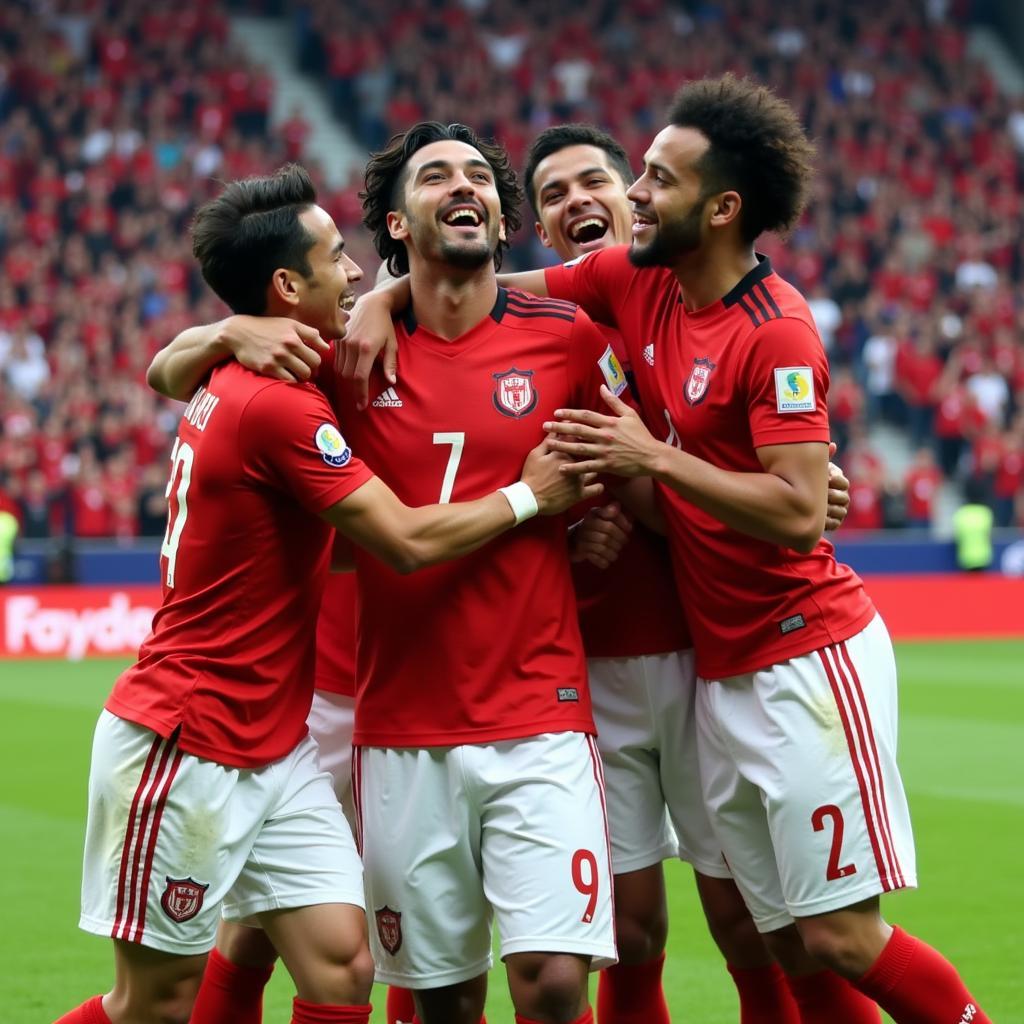 Lamine Yamal celebrating a goal with teammates, showing his passion and joy for the game.