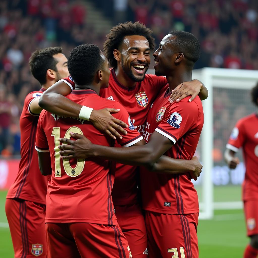 Lamine Yamal celebrating a goal with his teammates, showcasing team spirit and camaraderie