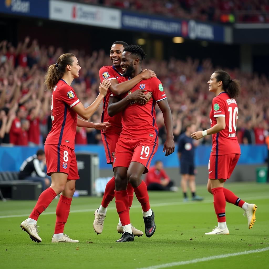 Lamine Yamal celebrates a goal with teammates