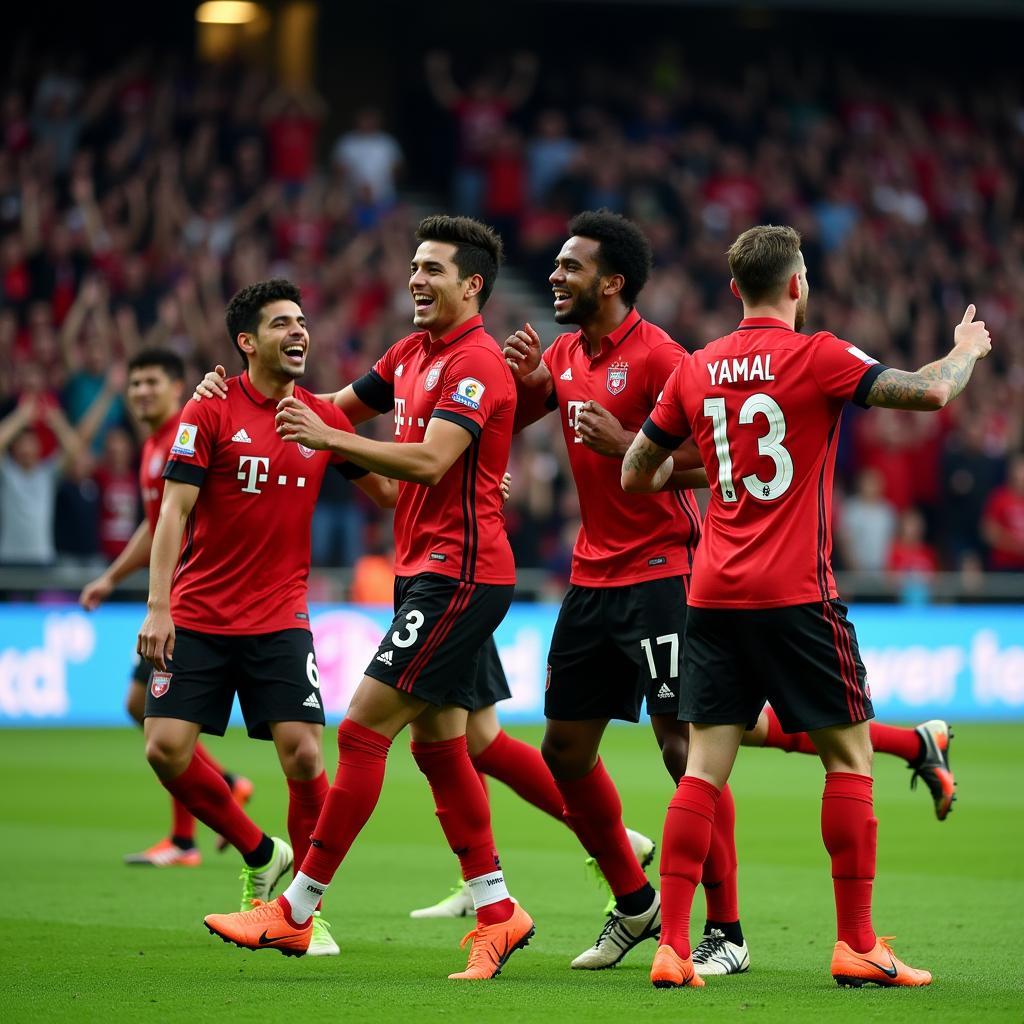 Lamine Yamal celebrating a crucial goal with his teammates.