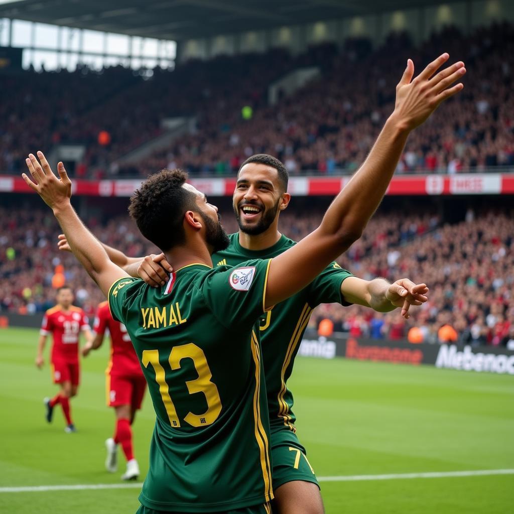 Lamine Yamal celebrates a crucial goal with his teammates, showcasing his joy and passion for the sport.