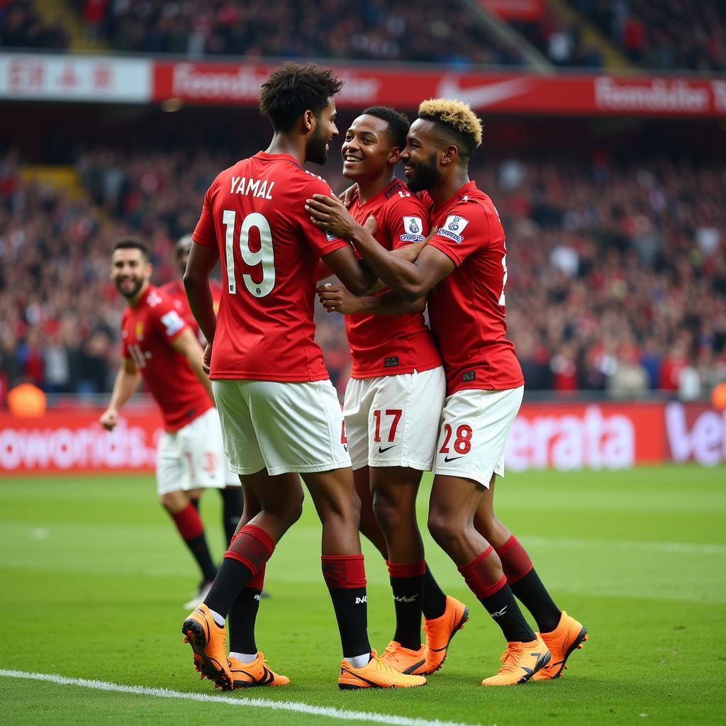 Lamine Yamal celebrating a goal with teammates