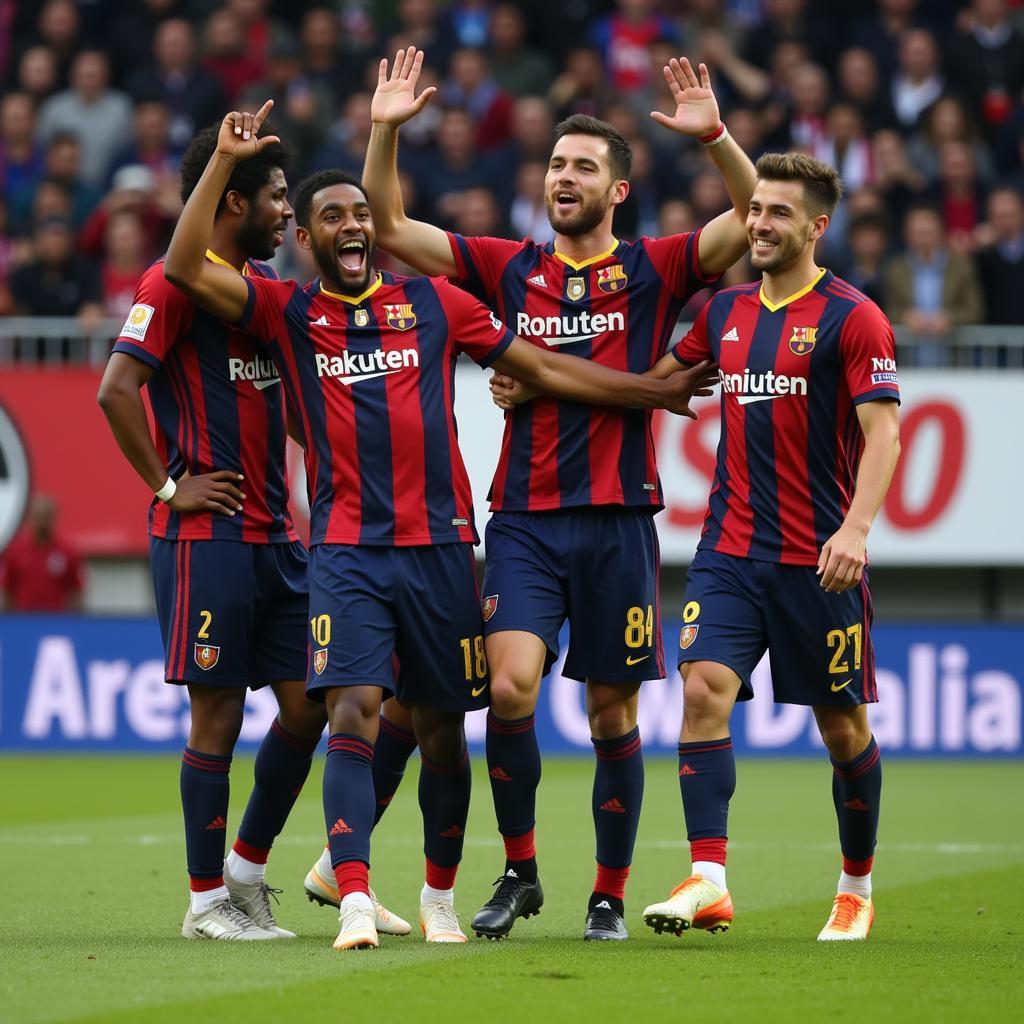 Lamine Yamal celebrating a goal with his teammates, showcasing his team spirit.