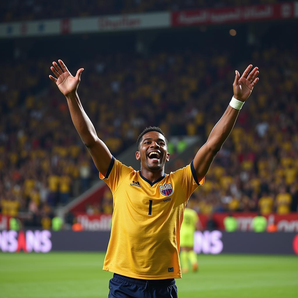 Lamine Yamal celebrates scoring a crucial goal, his face beaming with joy and accomplishment.