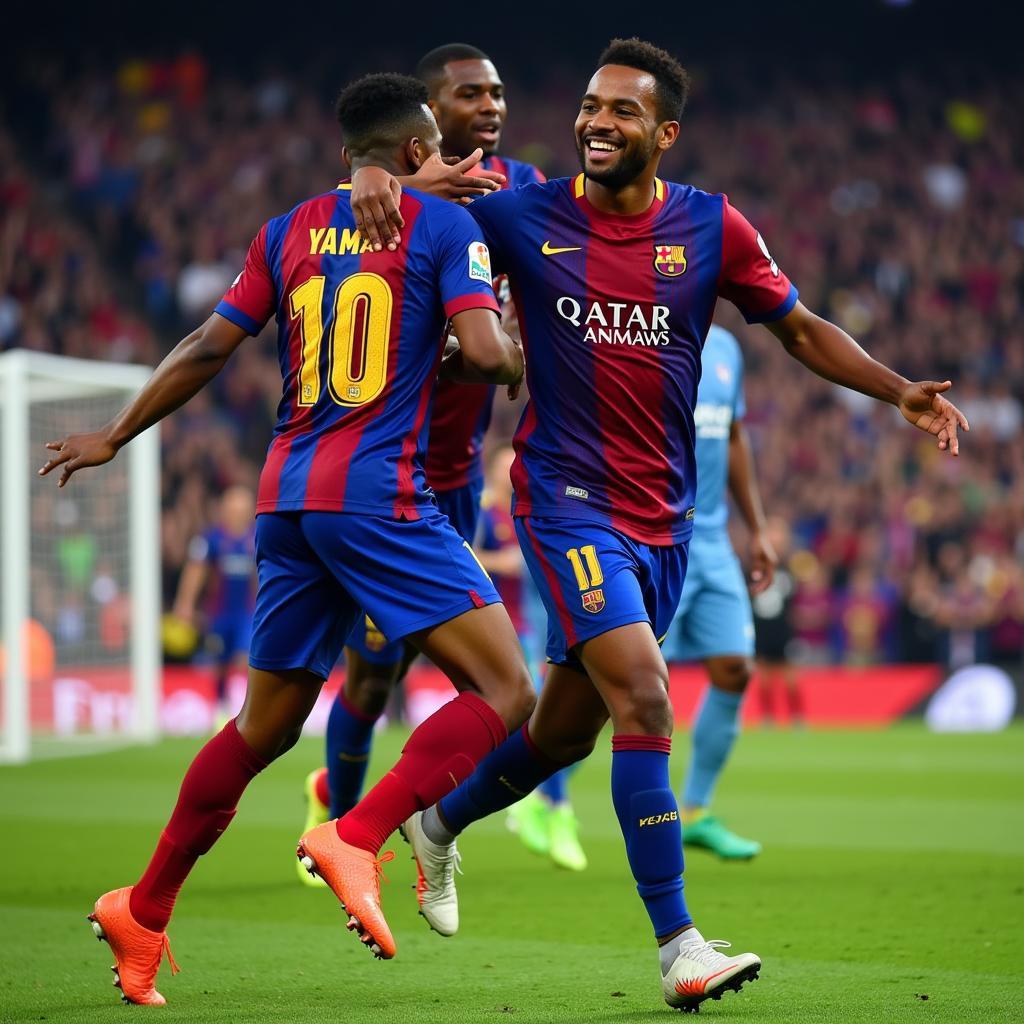 Lamine Yamal celebrating a goal with his Barcelona teammates.