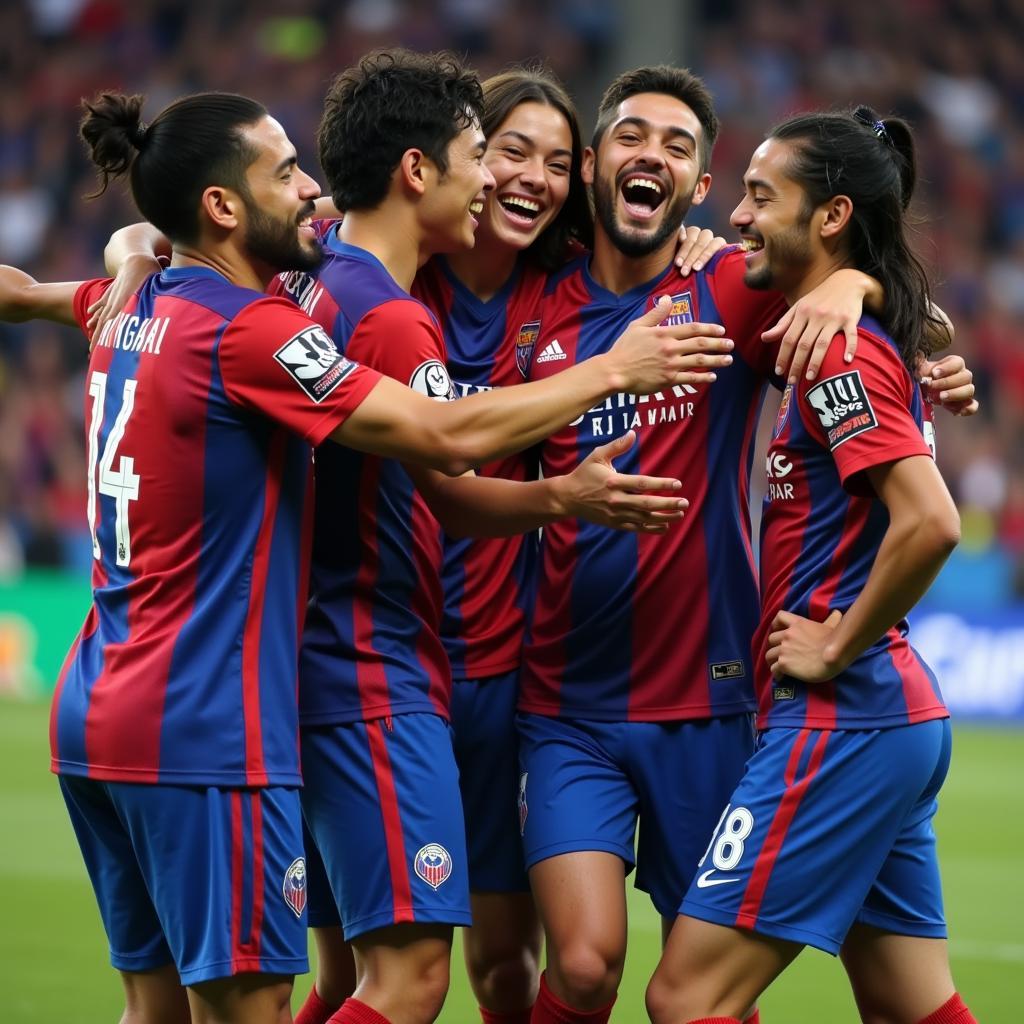 Lamine Yamal celebrating a goal with his teammates, demonstrating strong team spirit and camaraderie.