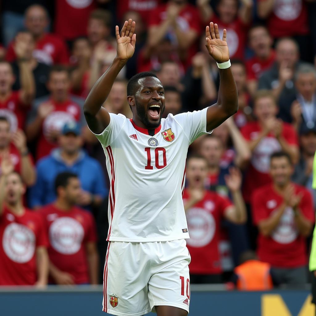 Lamine Yamal celebrating a goal with his enthusiastic fans.