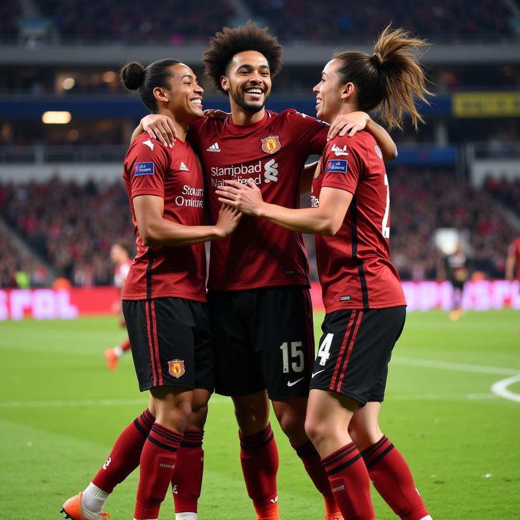 Lamine Yamal celebrates a goal with his teammates, showcasing team spirit.