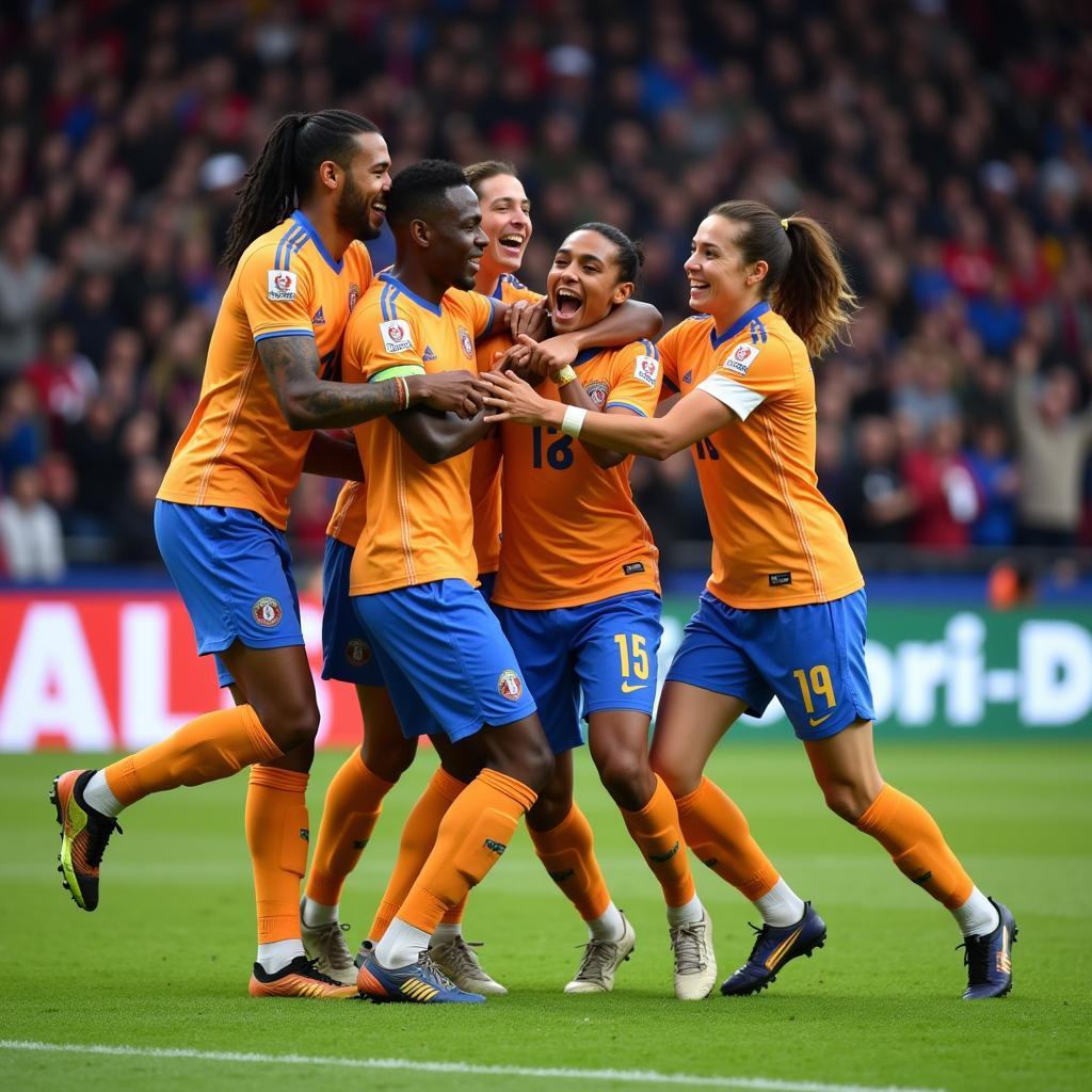 Lamine Yamal celebrating a goal with his teammates, showcasing team spirit and support