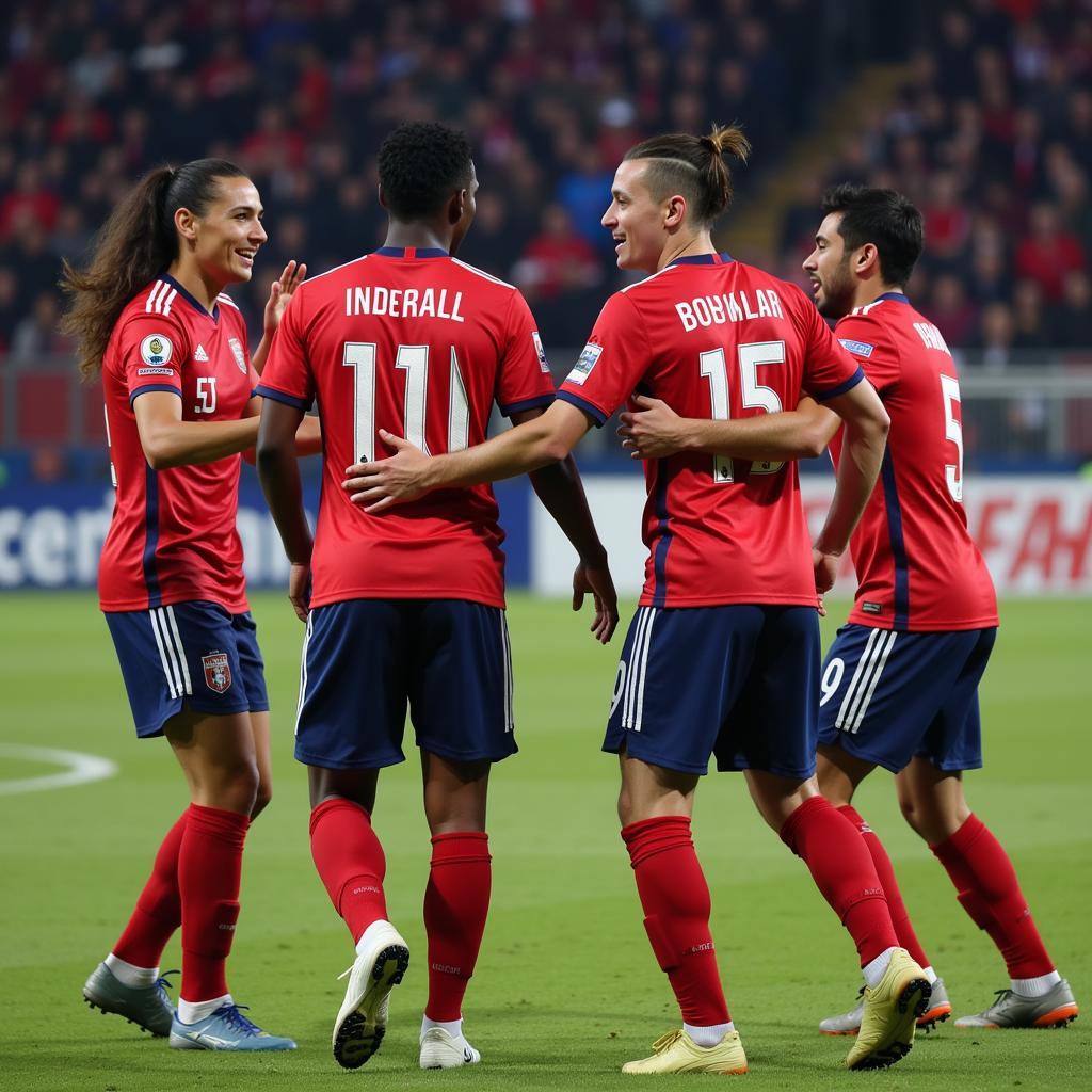 Lamine Yamal celebrates a crucial goal with his teammates, showcasing the team spirit and camaraderie within the club.