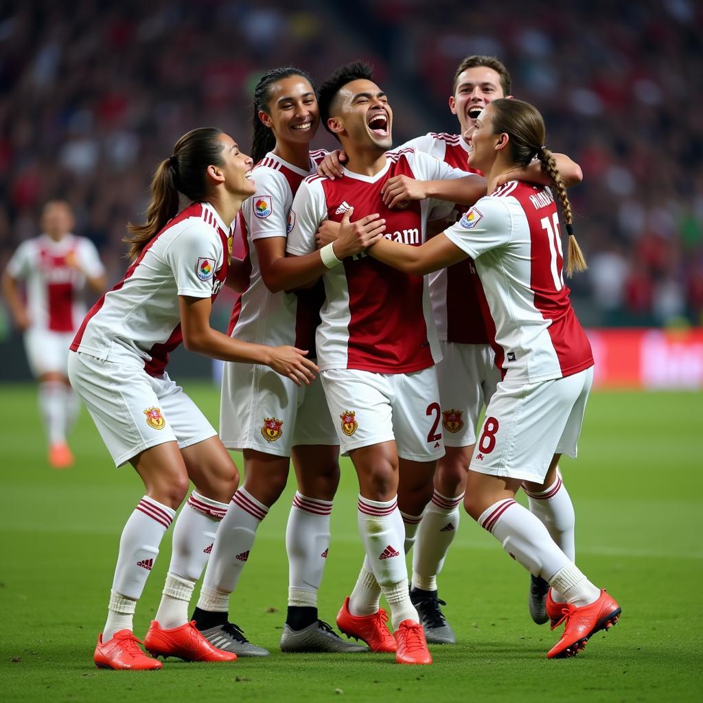 Lamine Yamal celebrating a goal with his teammates, showcasing his camaraderie and team spirit.