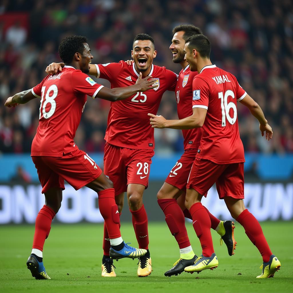 Lamine Yamal celebrates a goal, demonstrating team spirit and camaraderie.