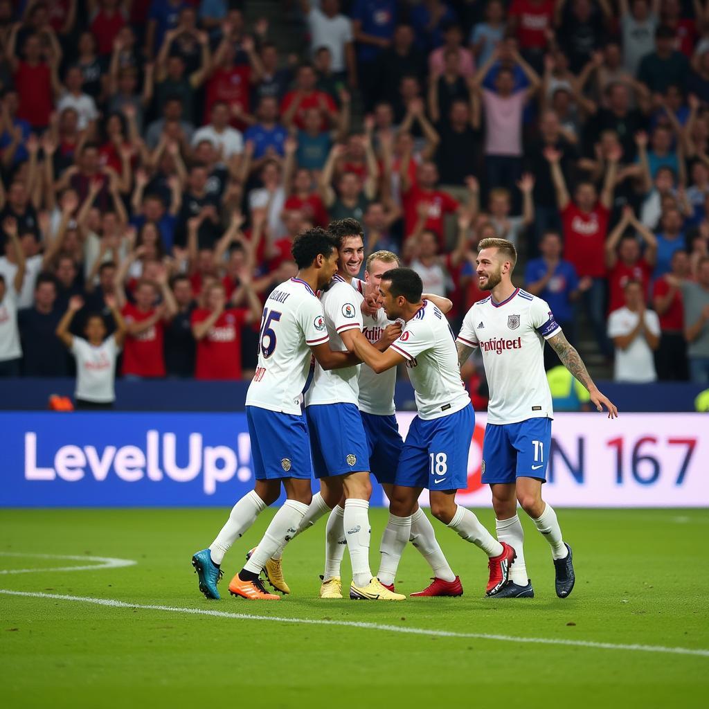 Lamine Yamal celebrates a crucial goal with his teammates, showcasing his team spirit and passion for the game.