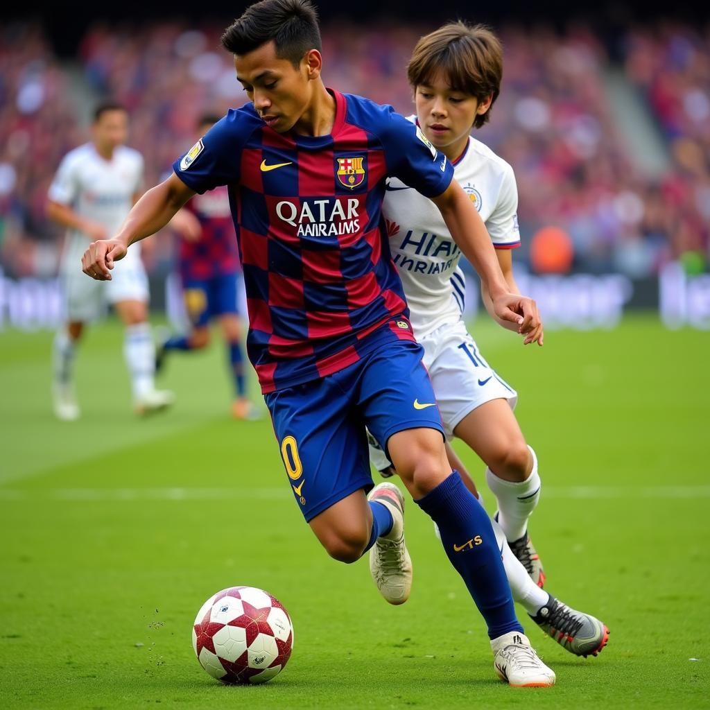 Lamine Yamal dribbling past a defender in a youth match