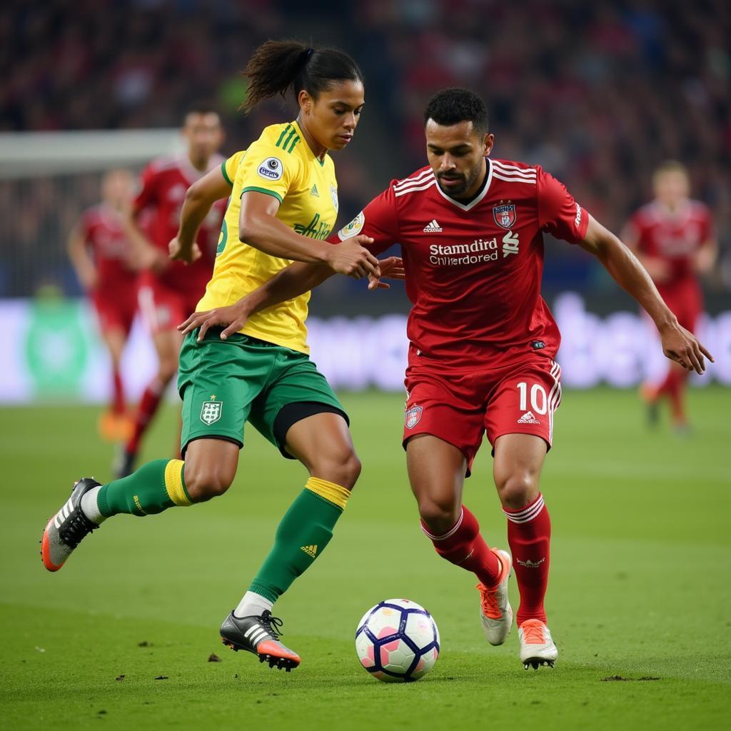 Lamine Yamal skillfully dribbles past a defender, showcasing his exceptional ball control and agility.