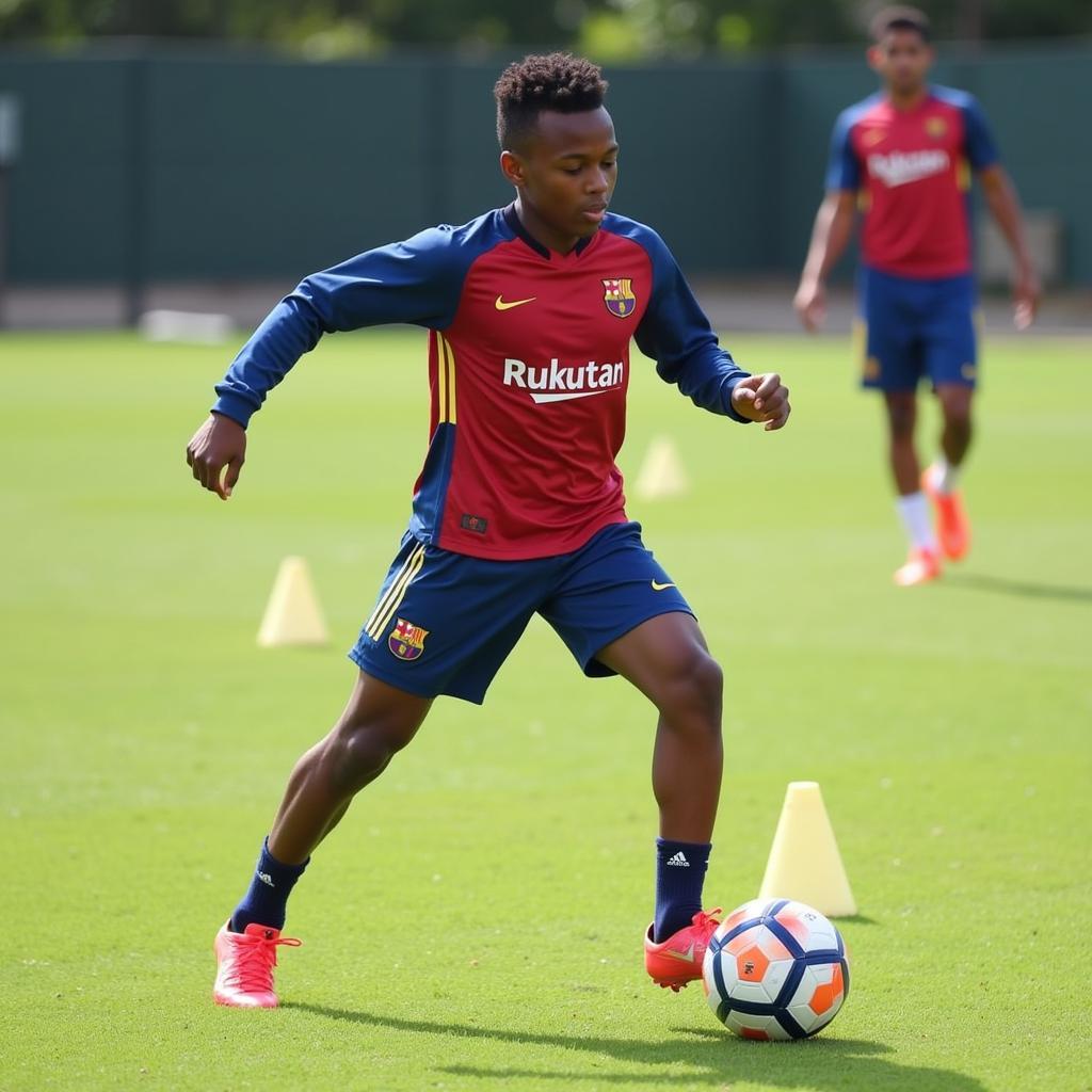 Lamine Yamal showcasing his exceptional dribbling abilities at La Masia, Barcelona's prestigious youth academy.