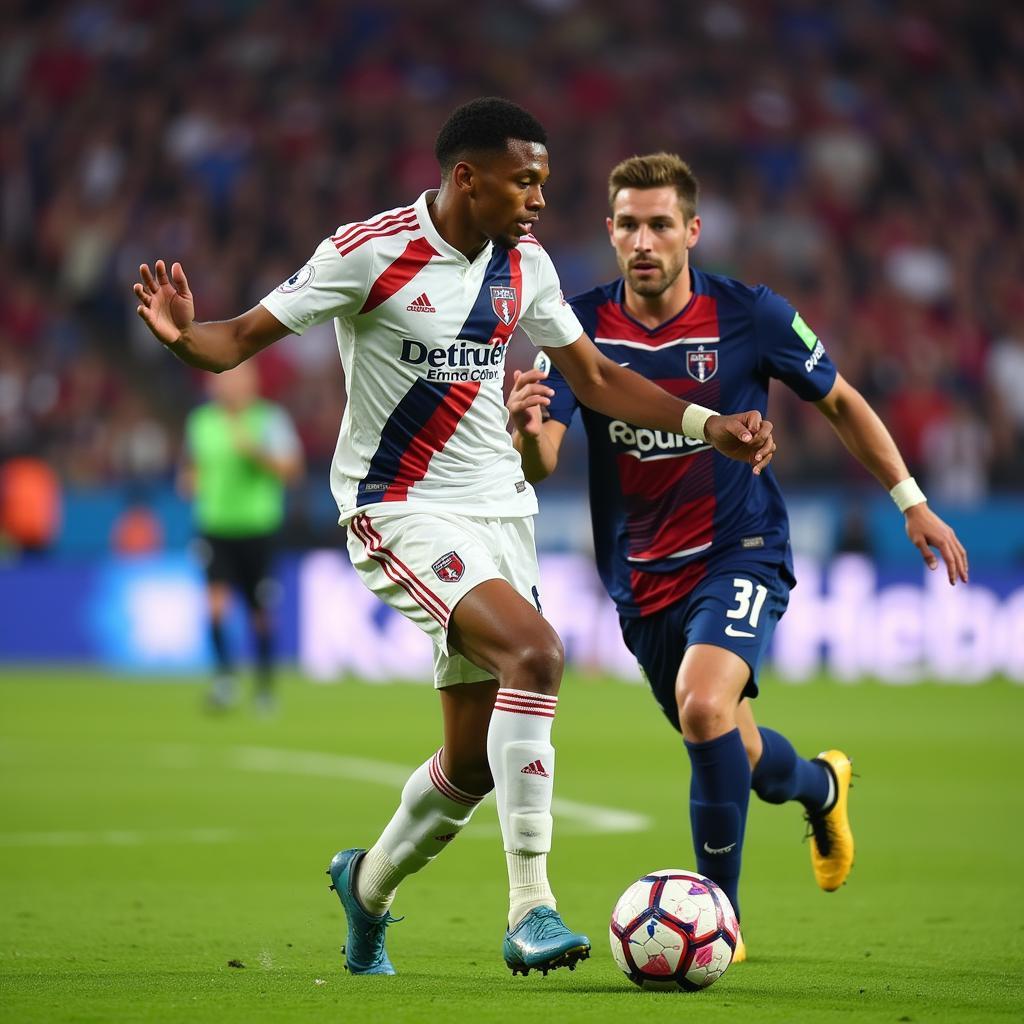 Lamine Yamal showcasing his exceptional dribbling skills during a football match.