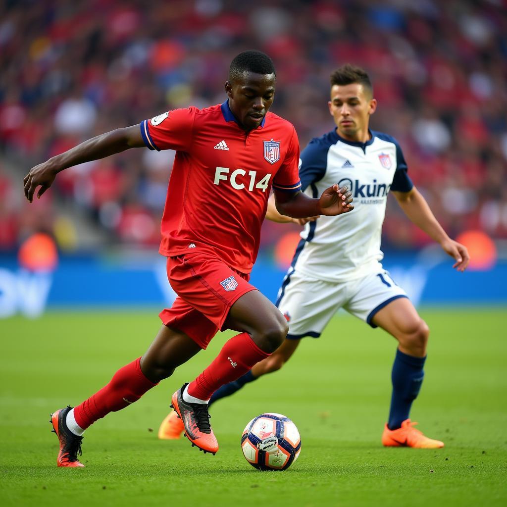 Lamine Yamal showcasing his dribbling skills during an FC Barcelona youth match.