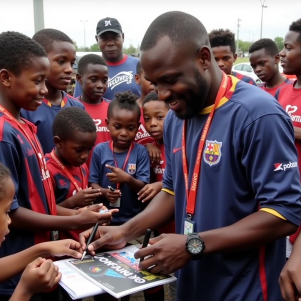 Lamine Yamal interacting with young football fans, showcasing his role model status.