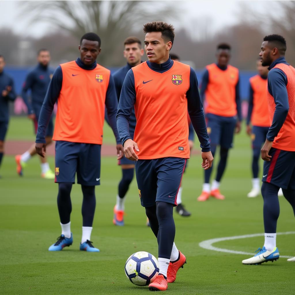 Lamine Yamal training with Barcelona senior team