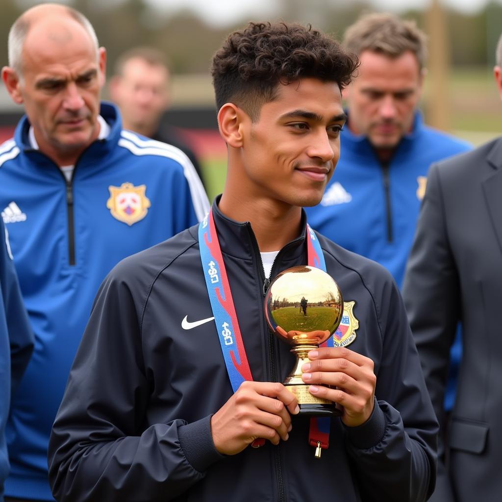 Lamine Yamal receives an award for his outstanding performance in a youth tournament, signifying his early recognition and potential.