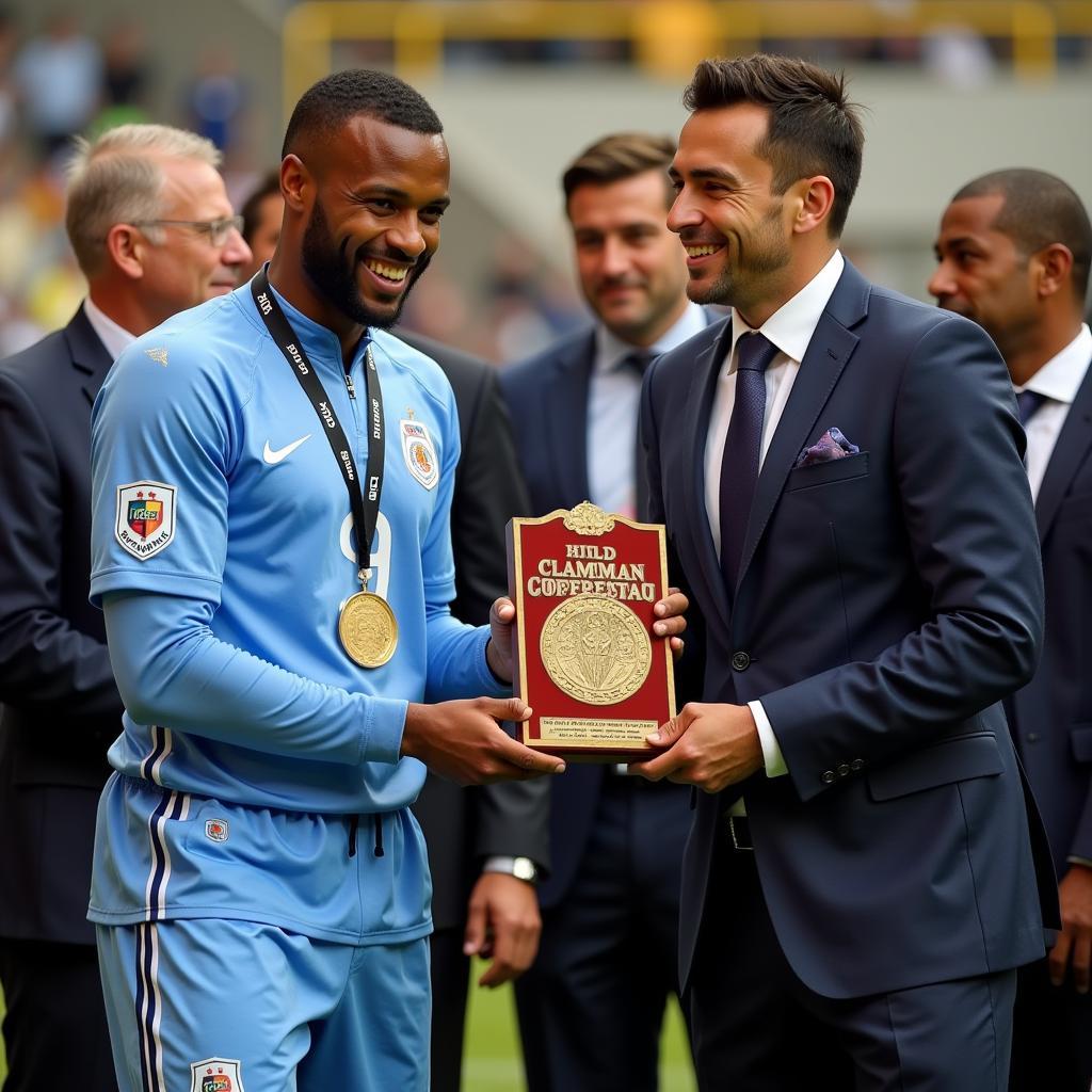 Lamine Yamal receives an award for his outstanding performance, acknowledging his talent and contribution to the team.