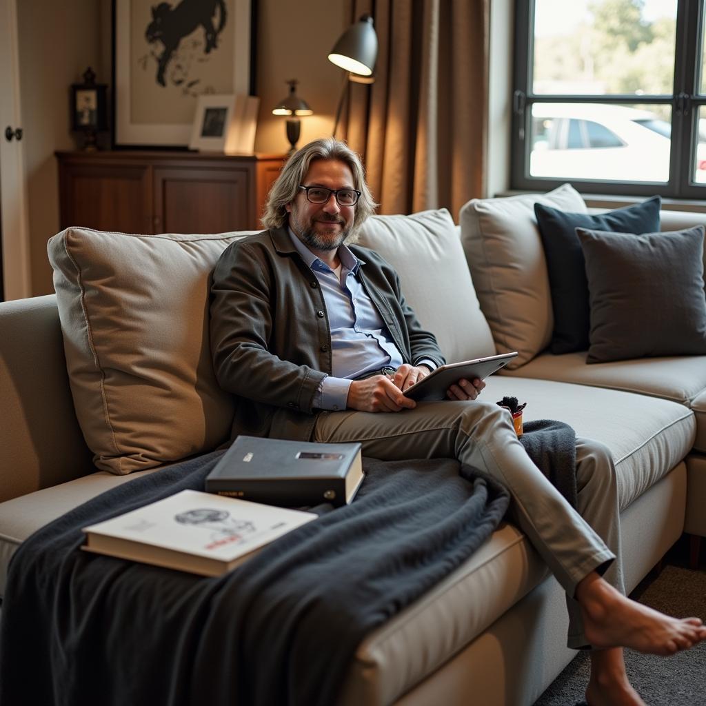 Lamine Yamal relaxing on a modern and stylish aria couch after a football match.