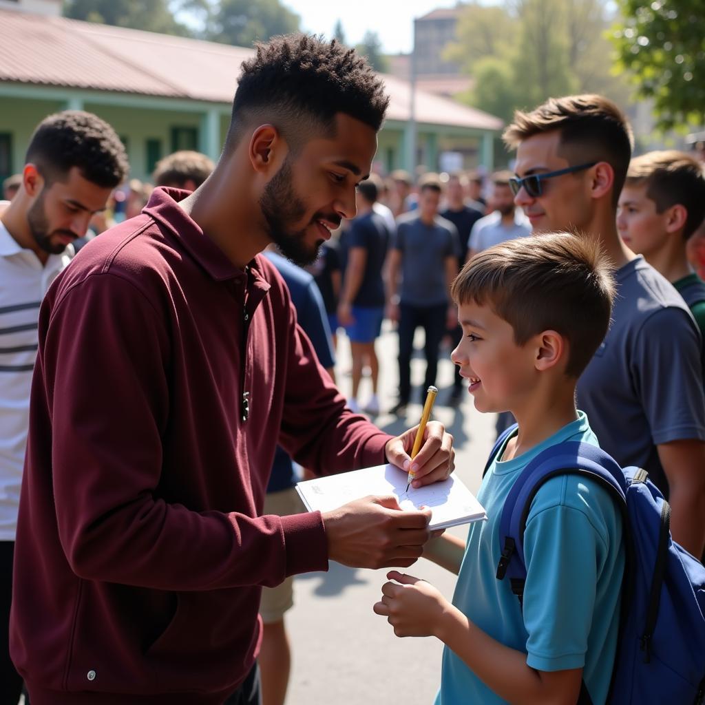 Lamine Yamal signing an autograph for a young fan