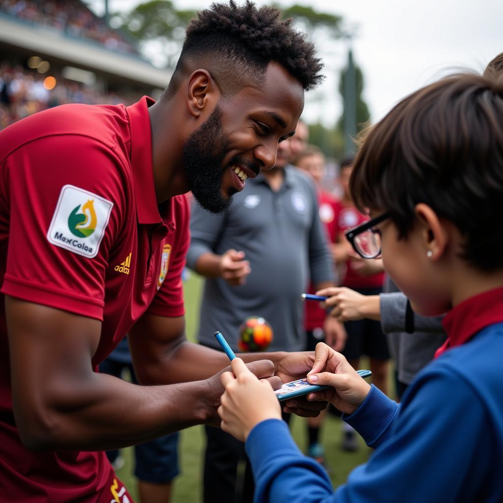 Lamine Yamal signing autographs for fans.