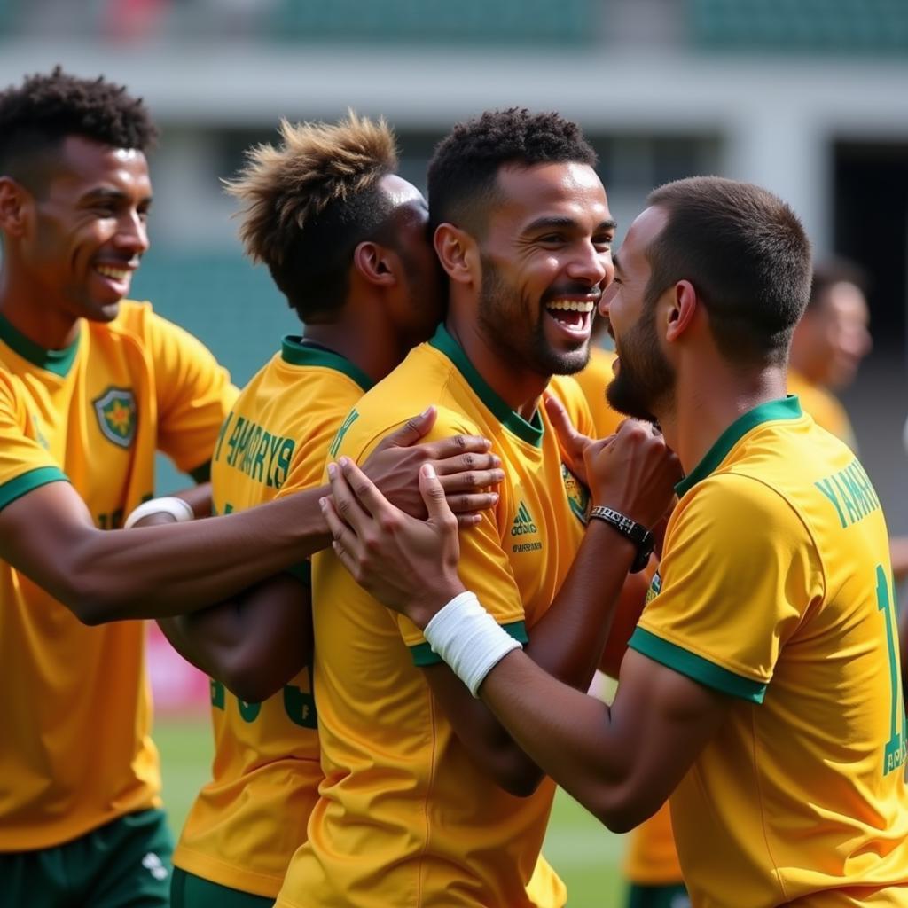 Lamine Yamal celebrating a goal with his teammates, embodying the team spirit and camaraderie of the SMS4 generation.