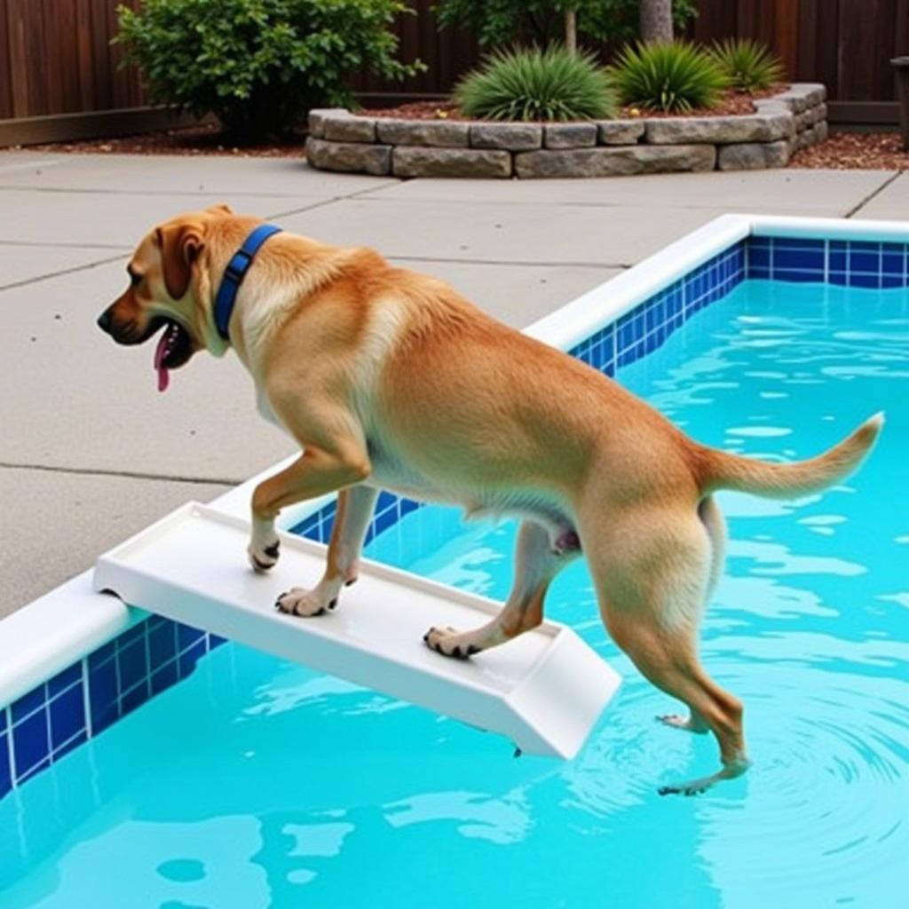 Large Dog Using Ramp to Exit In-Ground Pool