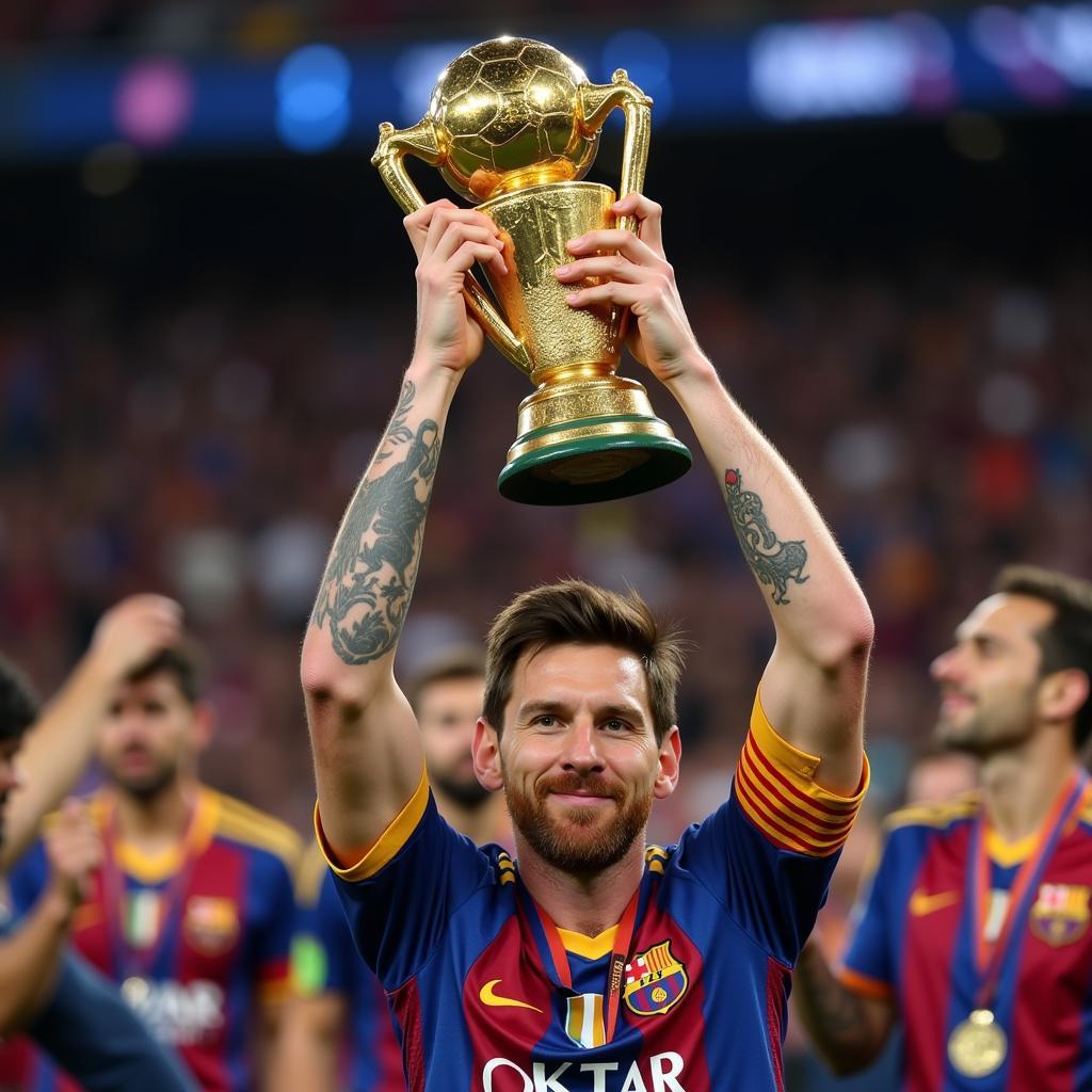 Lionel Messi holding his Ballon d'Or trophy