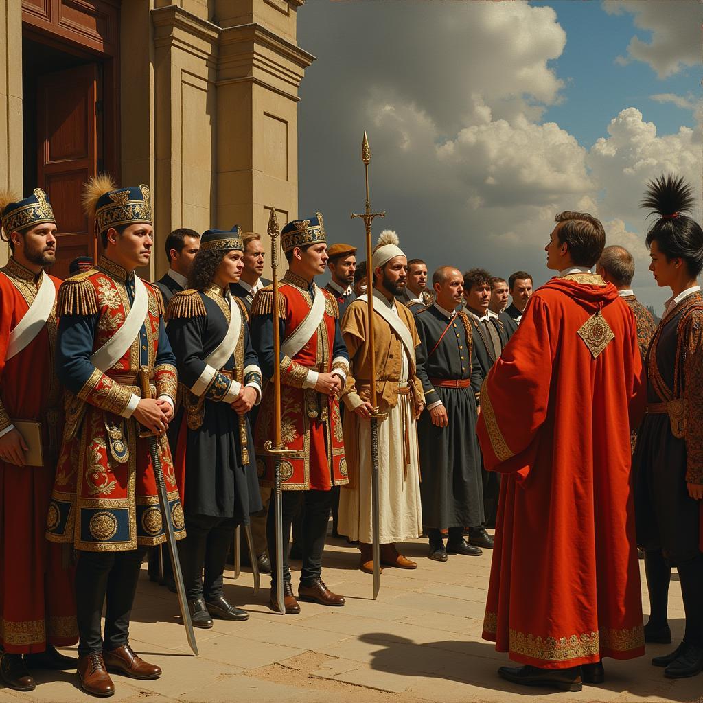 A historical depiction of a ceremony involving a lionhead sword