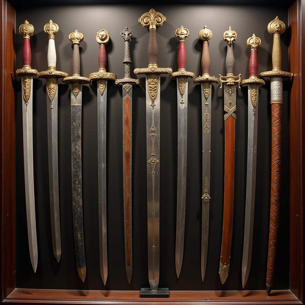 A collection of various lionhead swords displayed in a museum