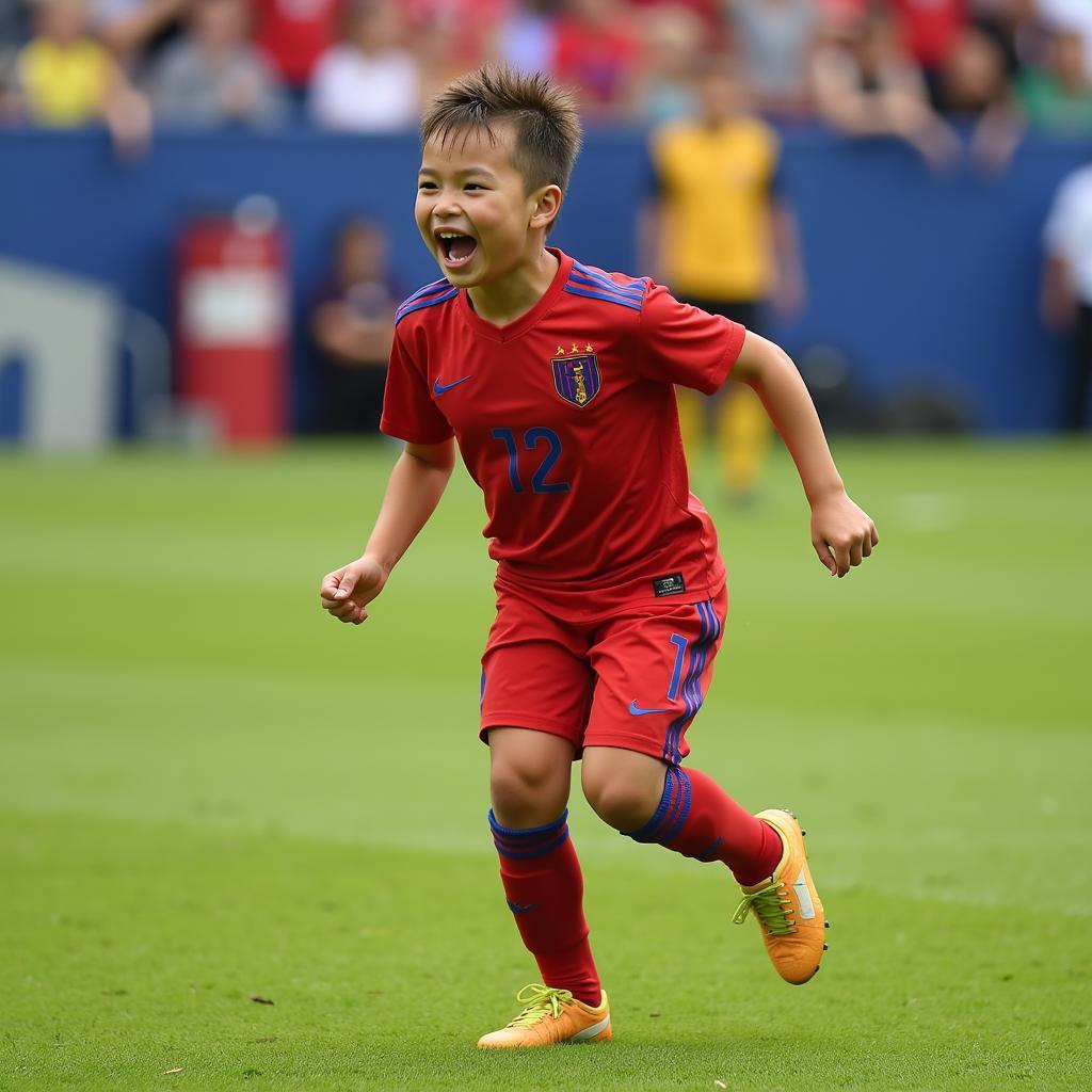 Young soccer player celebrating scoring a goal.