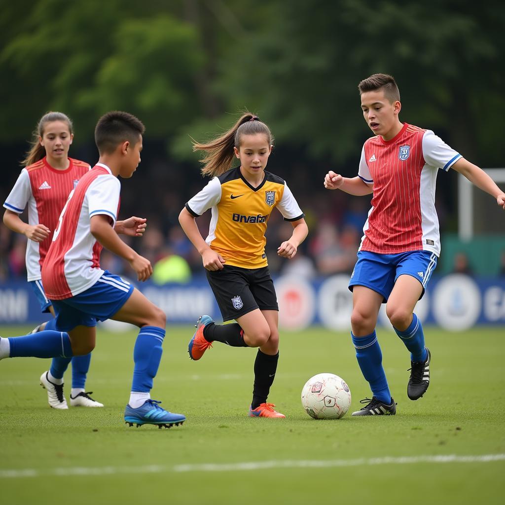 Young soccer player dribbling the ball past opponents.