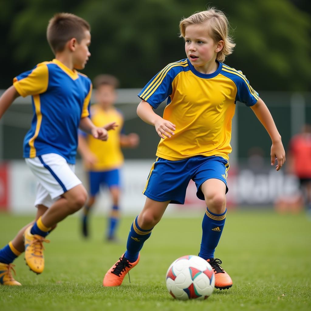 Young soccer player making a precise pass.