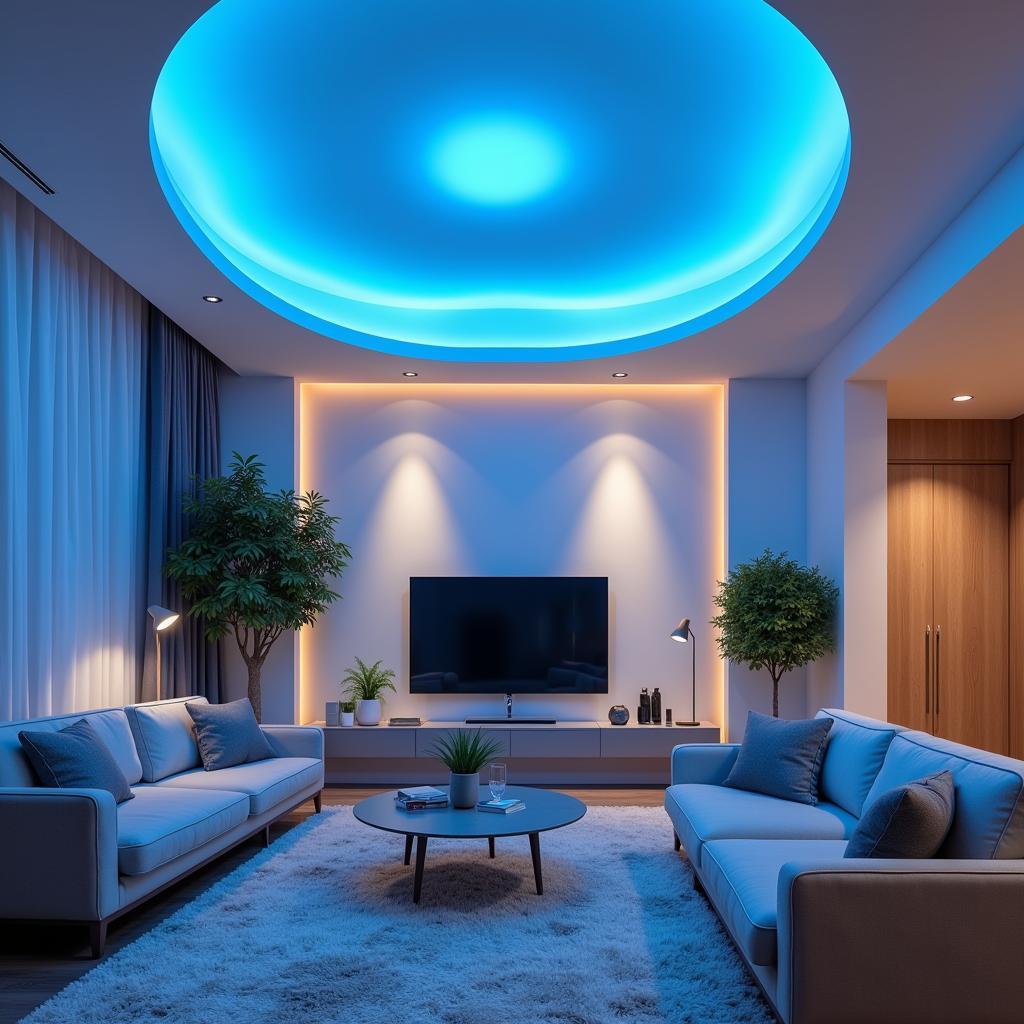 Blue Ceiling Lighting in a Serene Living Room