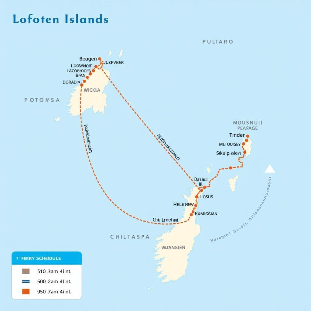 Lofoten Islands ferry schedule and routes map showing ferry connections between islands and mainland Norway.