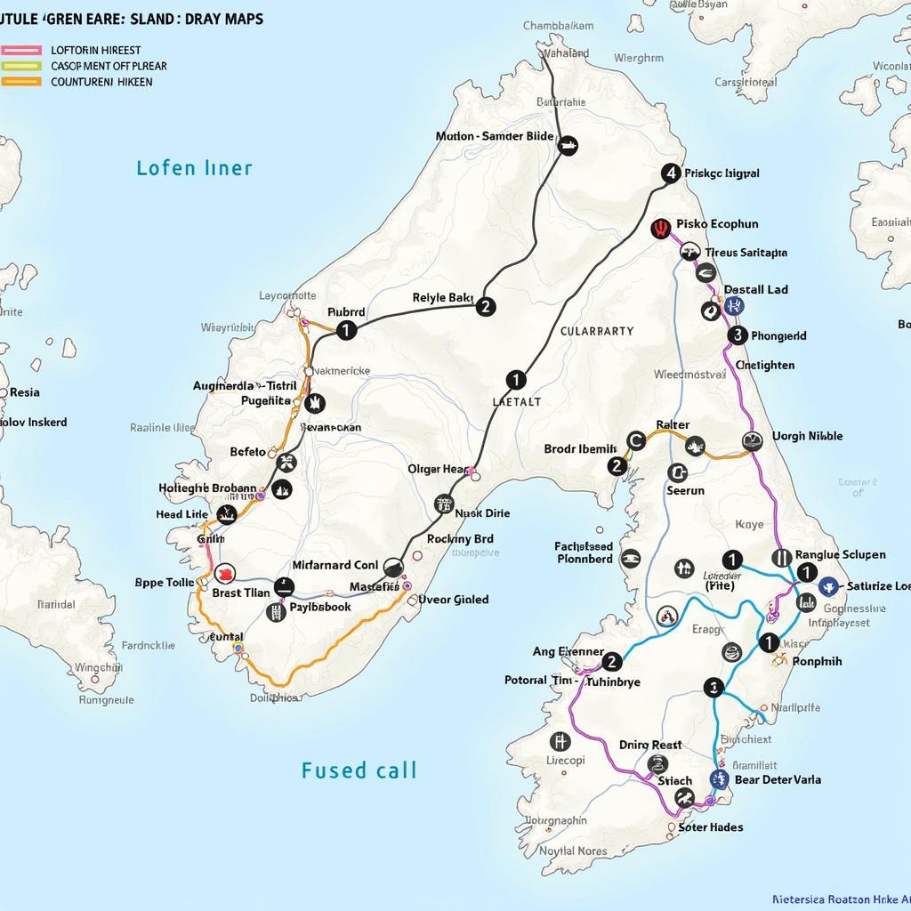 Lofoten Islands hiking trails map showing popular hiking routes and difficulty levels.