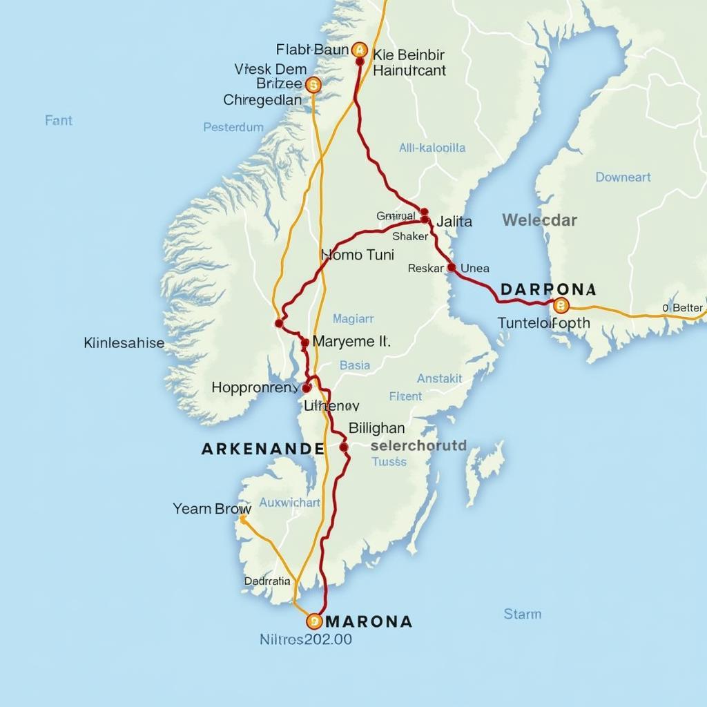 Lofoten Islands road map showing main roads, bridges, and tunnels connecting the islands