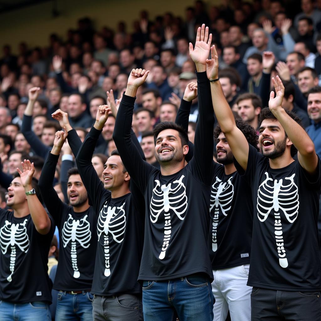 Lamine Yamal fans wearing long sleeve skeleton shirts at a football match, showcasing their support for the rising star and embracing the symbolic representation of fearlessness.