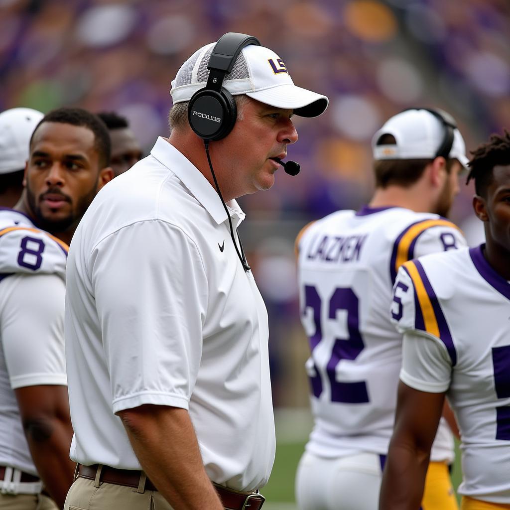 LSU Football Coach Talking to Players in White Jerseys