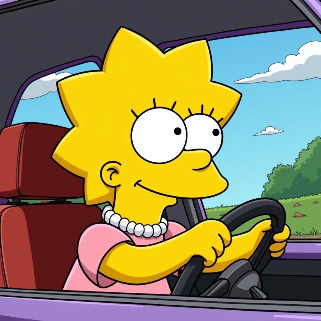 Maggie Simpson driving a car