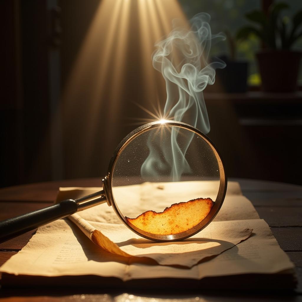 Magnifying glass burning a piece of paper